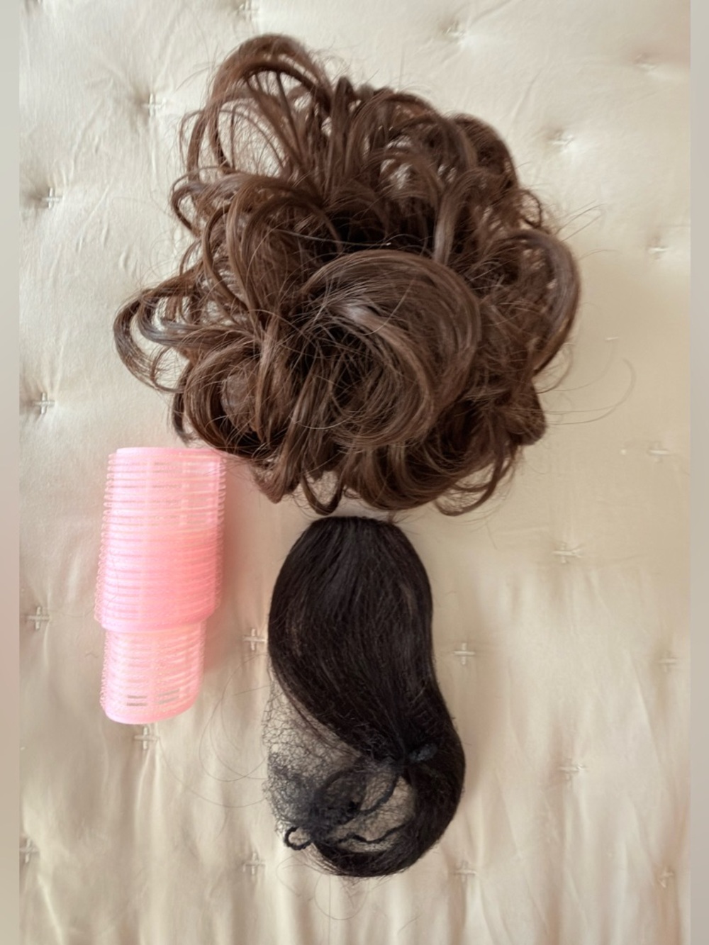 Brown Curly Hair Bun Scrunchie and Bangs Extension (clip on) - Unbranded